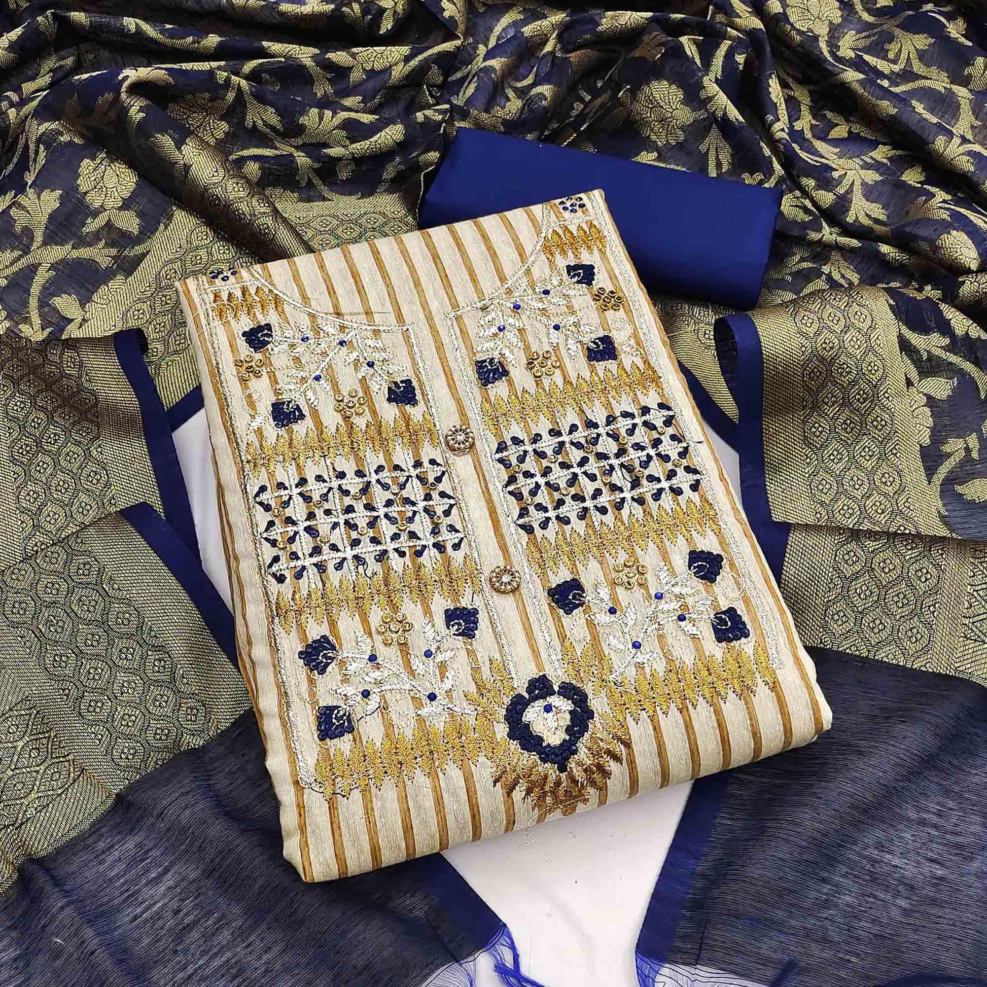 Cream-Blue Embroidered Cotton Blend Dress Material