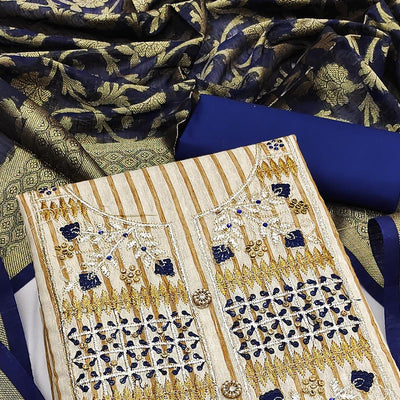 Cream-Blue Embroidered Cotton Blend Dress Material