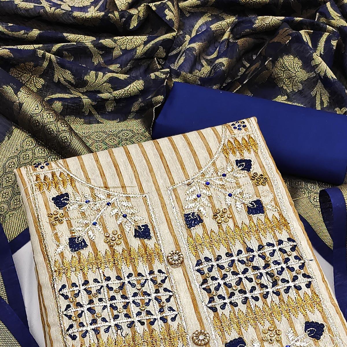 Cream-Blue Embroidered Cotton Blend Dress Material