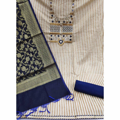 Cream-Blue Embroidered Cotton Blend Dress Material