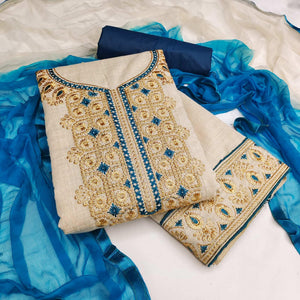 Cream-Blue Festive Wear Embroidery With Mirror Work Cotton Dress Material