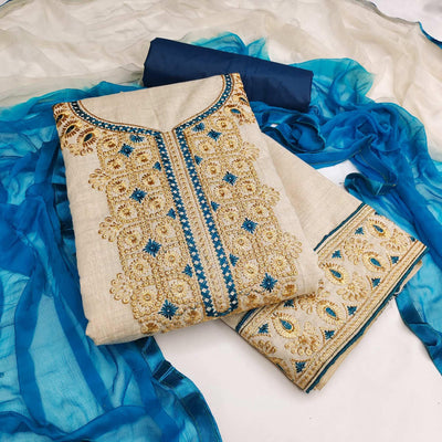 Cream-Blue Festive Wear Embroidery With Mirror Work Cotton Dress Material