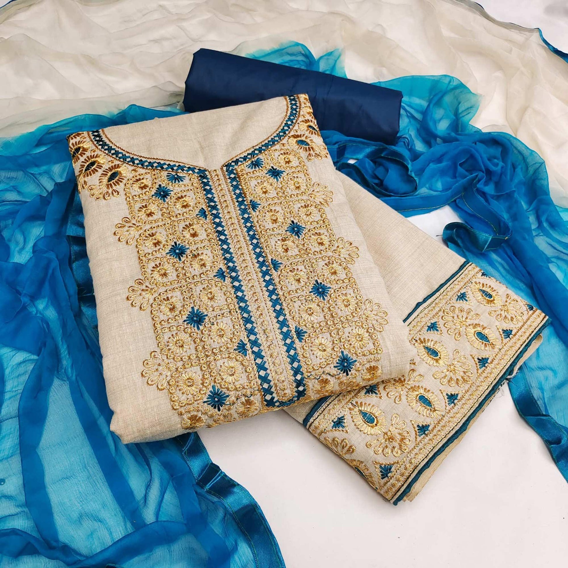 Cream-Blue Festive Wear Embroidery With Mirror Work Cotton Dress Material