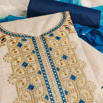 Cream-Blue Festive Wear Embroidery With Mirror Work Cotton Dress Material