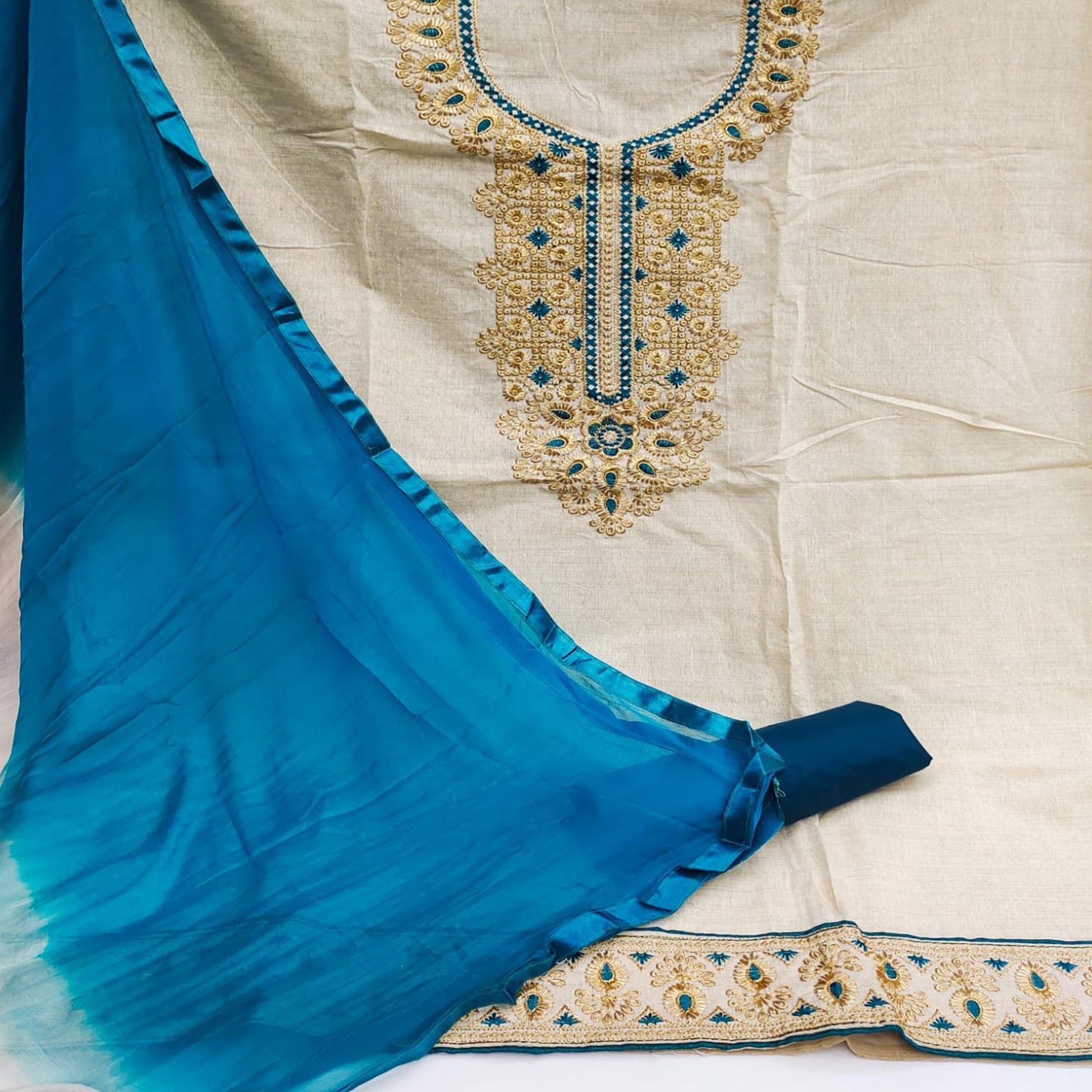 Cream-Blue Festive Wear Embroidery With Mirror Work Cotton Dress Material
