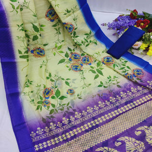 Cream-Blue Festive Wear Floral Digital Printed With Woven Border Soft Cotton Saree