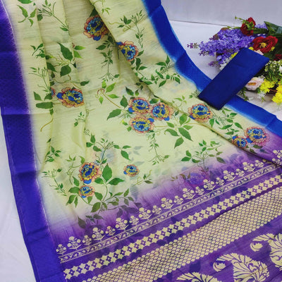 Cream-Blue Festive Wear Floral Digital Printed With Woven Border Soft Cotton Saree
