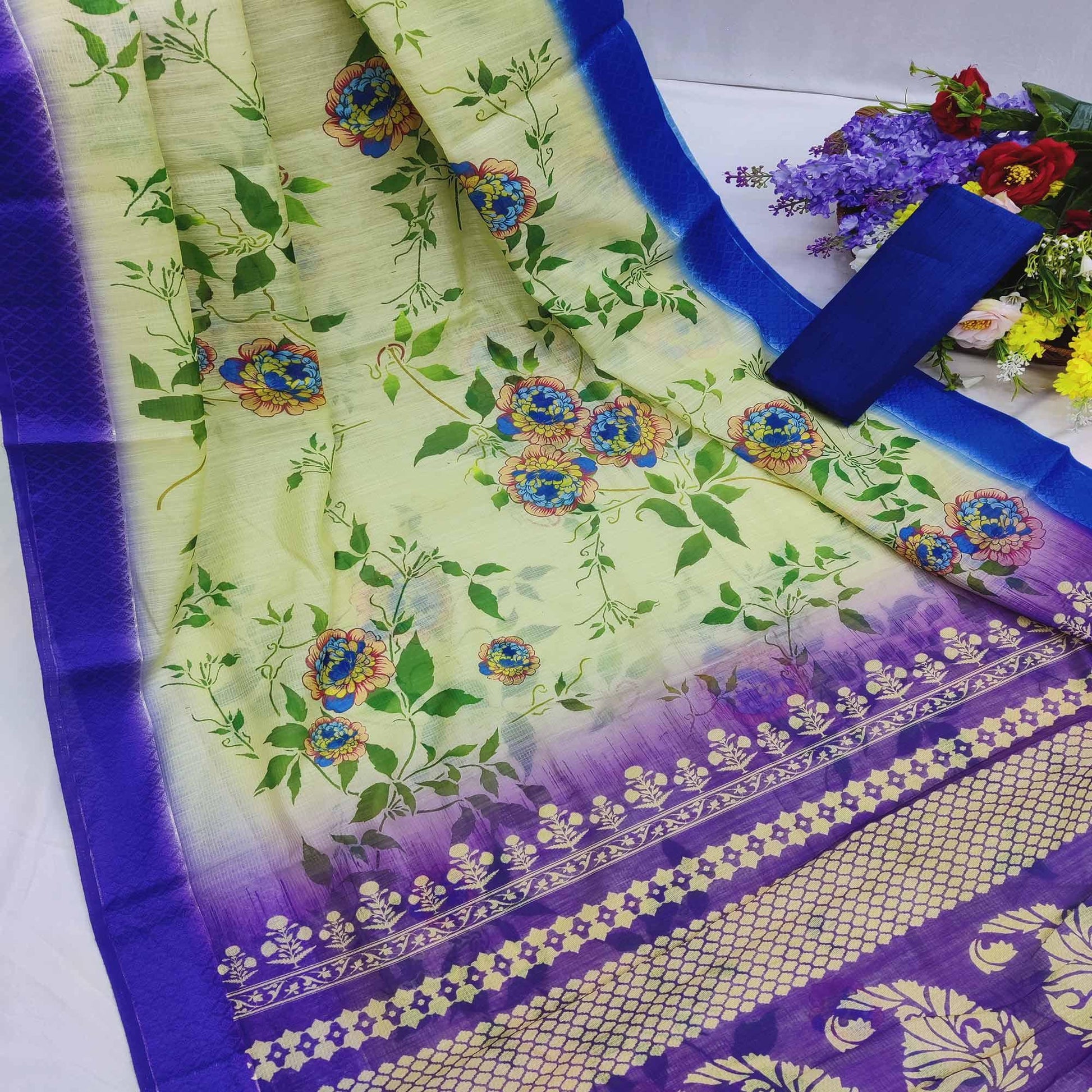 Cream-Blue Festive Wear Floral Digital Printed With Woven Border Soft Cotton Saree