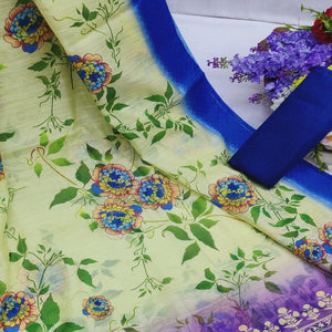 Cream-Blue Festive Wear Floral Digital Printed With Woven Border Soft Cotton Saree