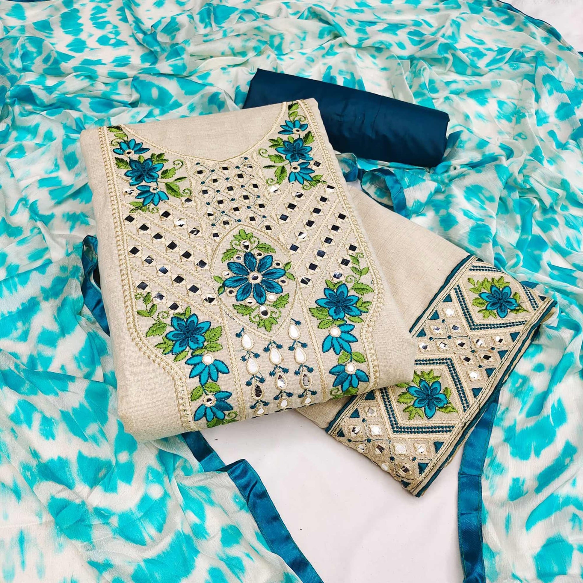 Cream-Blue Festive Wear Floral Embroidery With Mirror Work Cotton Dress Material