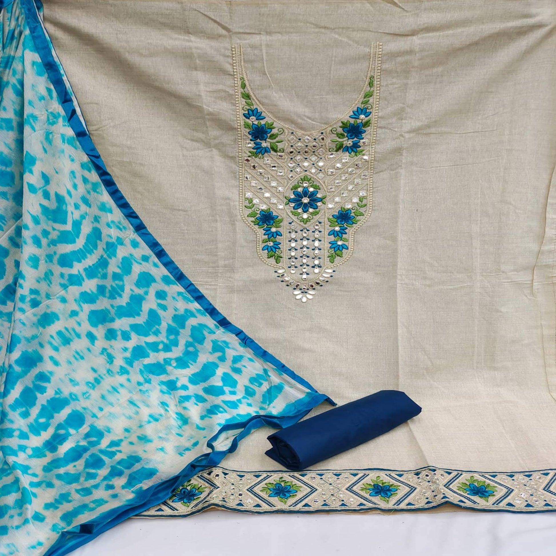 Cream-Blue Festive Wear Floral Embroidery With Mirror Work Cotton Dress Material
