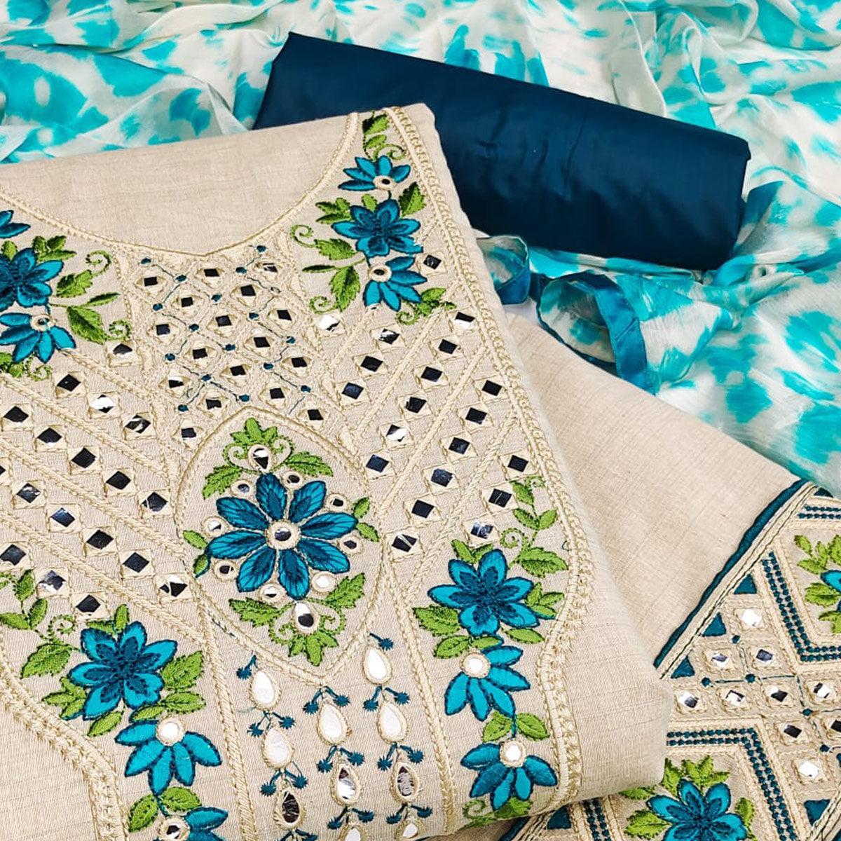 Cream-Blue Festive Wear Floral Embroidery With Mirror Work Cotton Dress Material
