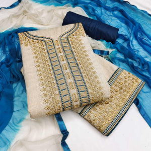 Cream-Blue Festive Wear Mirror Work Cotton Dress Material