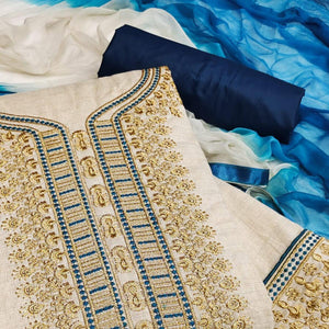 Cream-Blue Festive Wear Mirror Work Cotton Dress Material