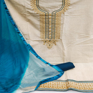 Cream-Blue Festive Wear Mirror Work Cotton Dress Material