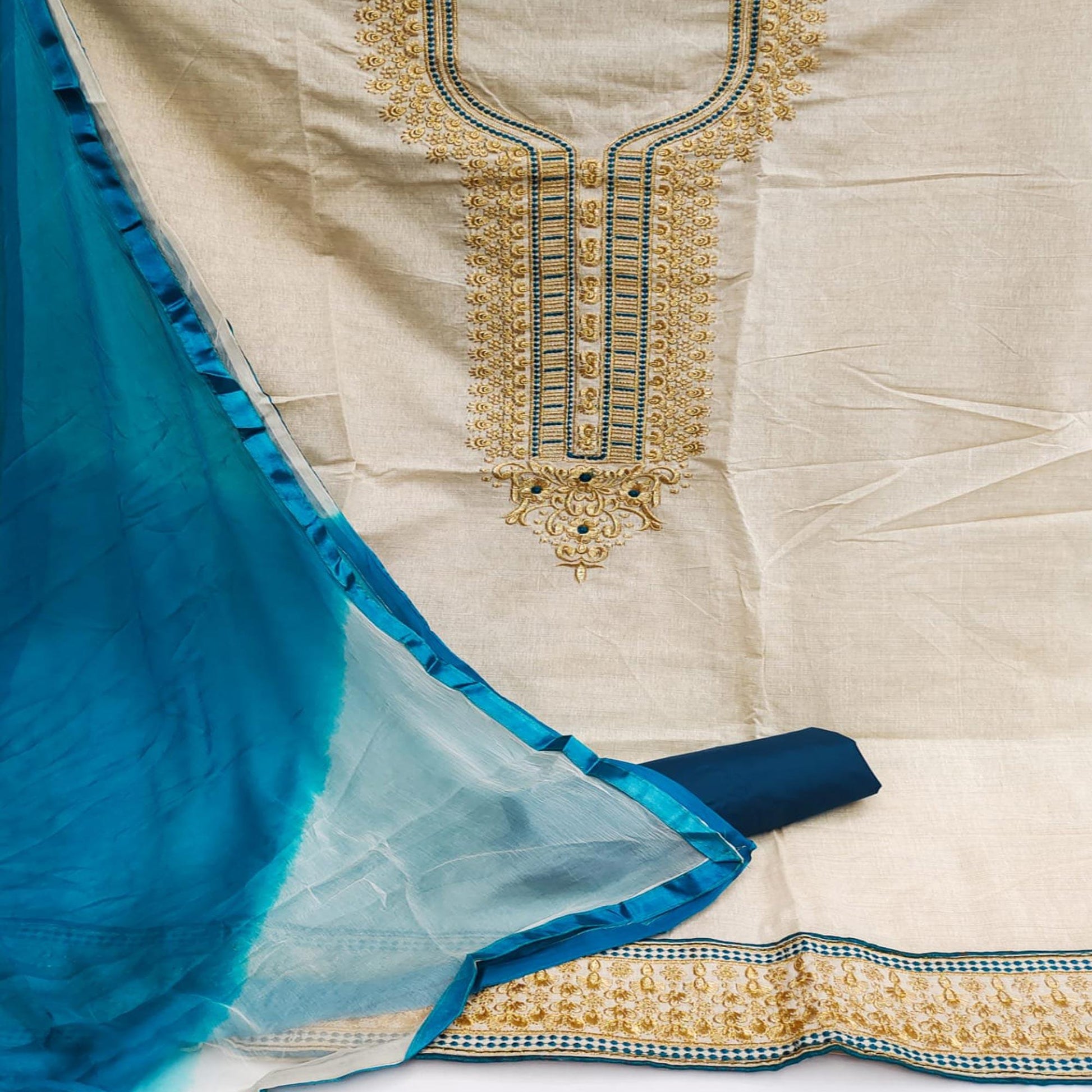 Cream-Blue Festive Wear Mirror Work Cotton Dress Material