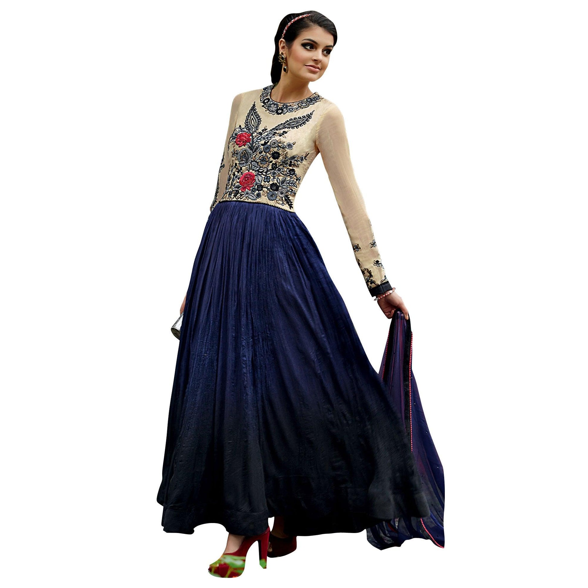 Cream - Blue Floral Embroidered Anarkali Style Art Silk Gown