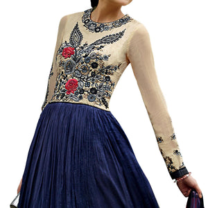 Cream - Blue Floral Embroidered Anarkali Style Art Silk Gown
