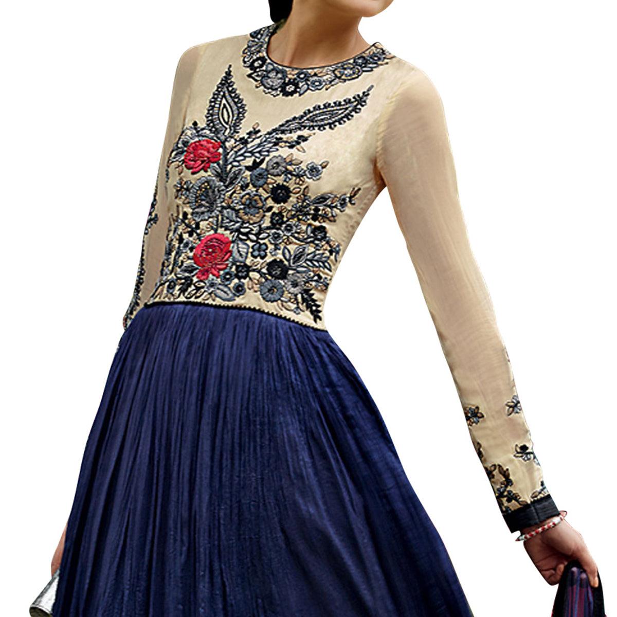 Cream - Blue Floral Embroidered Anarkali Style Art Silk Gown