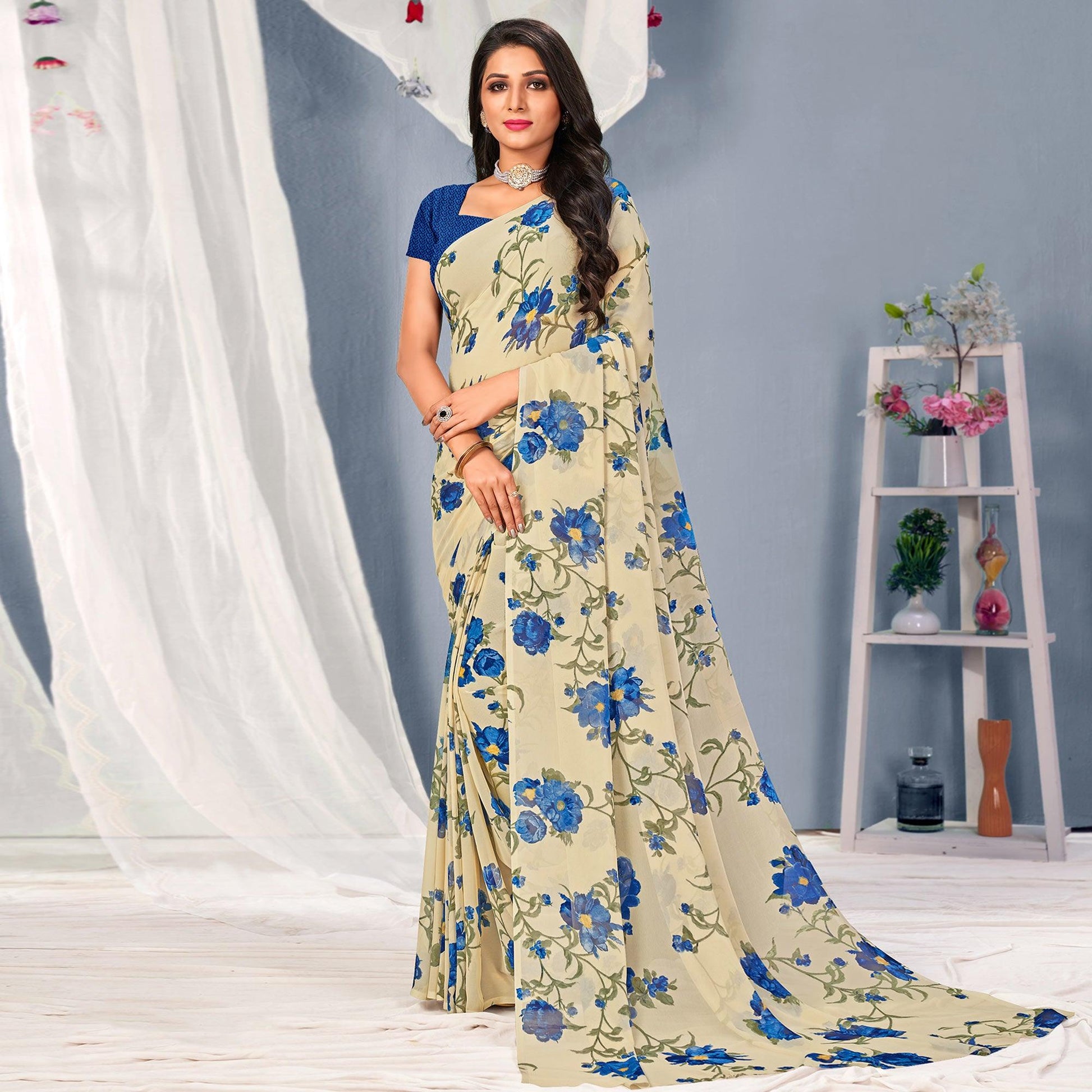 Cream-Blue Floral Printed Georgette Saree