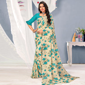 Cream-Blue Floral Printed Georgette Saree
