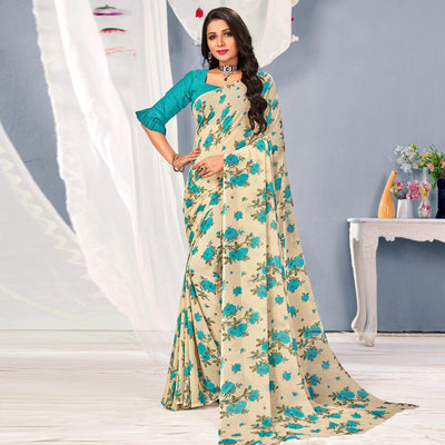 Cream-Blue Floral Printed Georgette Saree