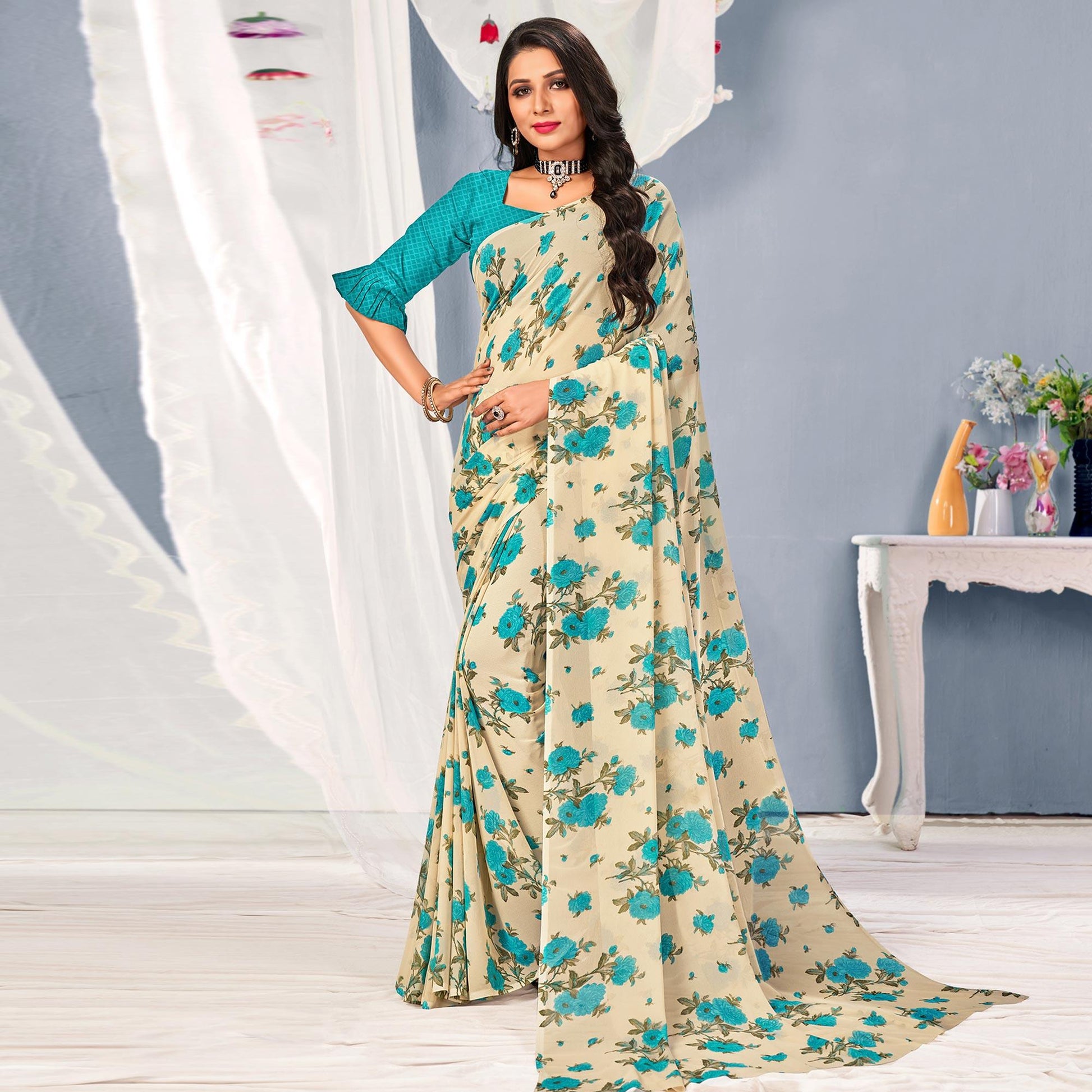 Cream-Blue Floral Printed Georgette Saree