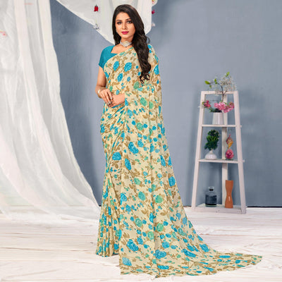 Cream-Blue Floral Printed Georgette Saree