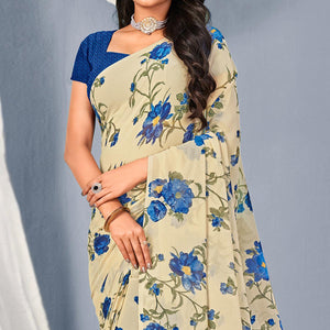Cream-Blue Floral Printed Georgette Saree