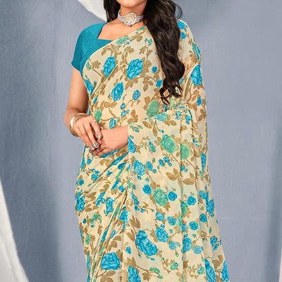 Cream-Blue Floral Printed Georgette Saree