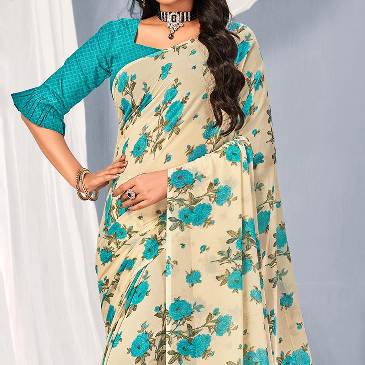 Cream-Blue Floral Printed Georgette Saree