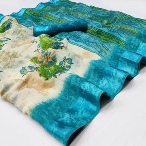 Cream-Blue Floral Printed Linen Saree