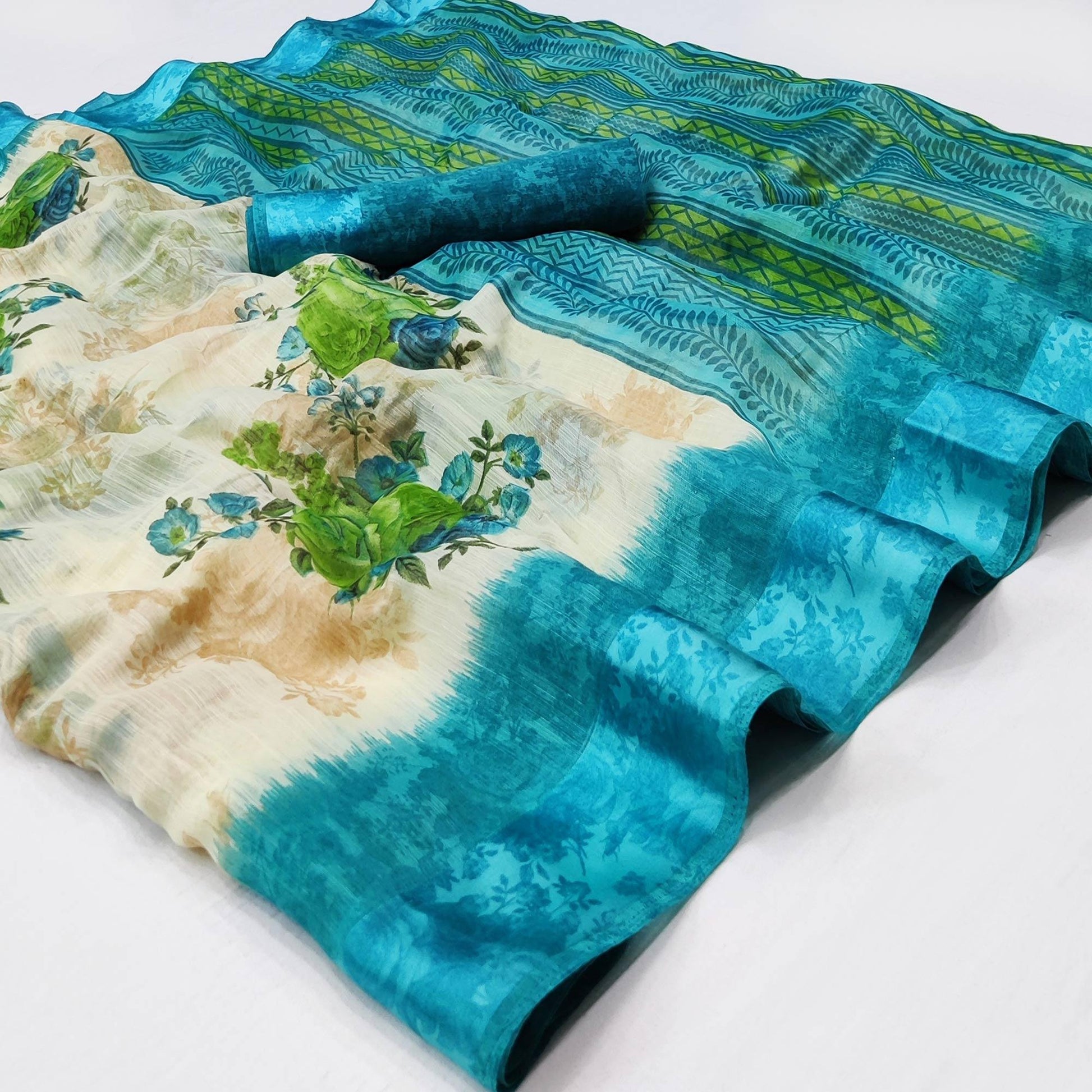 Cream-Blue Floral Printed Linen Saree