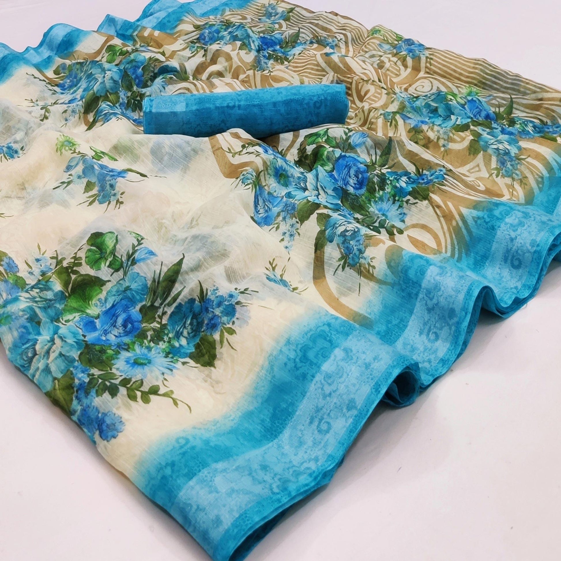 Cream-Blue Floral Printed Linen Saree