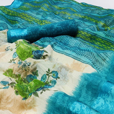 Cream-Blue Floral Printed Linen Saree