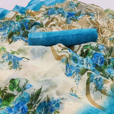 Cream-Blue Floral Printed Linen Saree