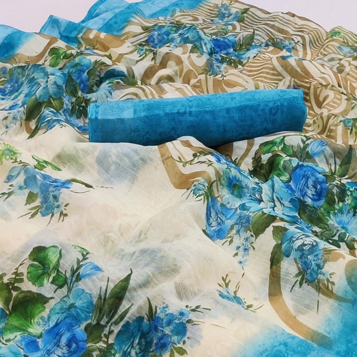 Cream-Blue Floral Printed Linen Saree