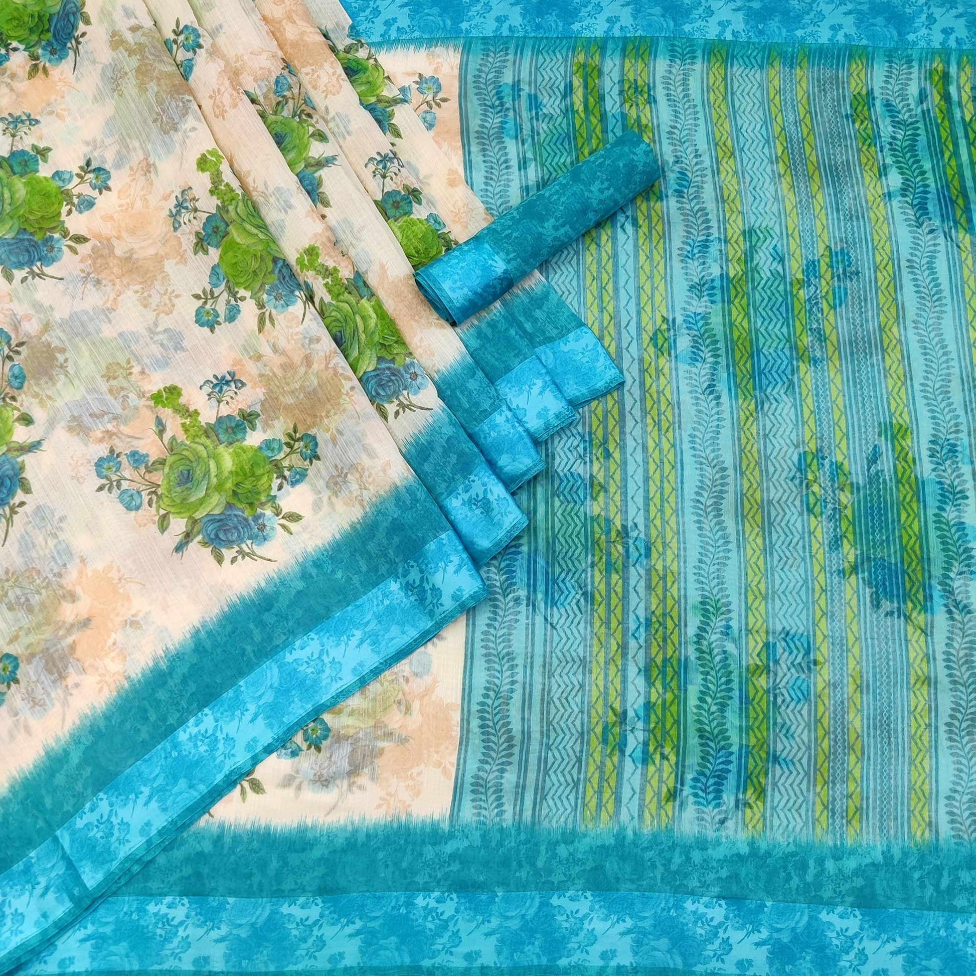 Cream-Blue Floral Printed Linen Saree