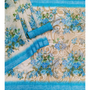 Cream-Blue Floral Printed Linen Saree