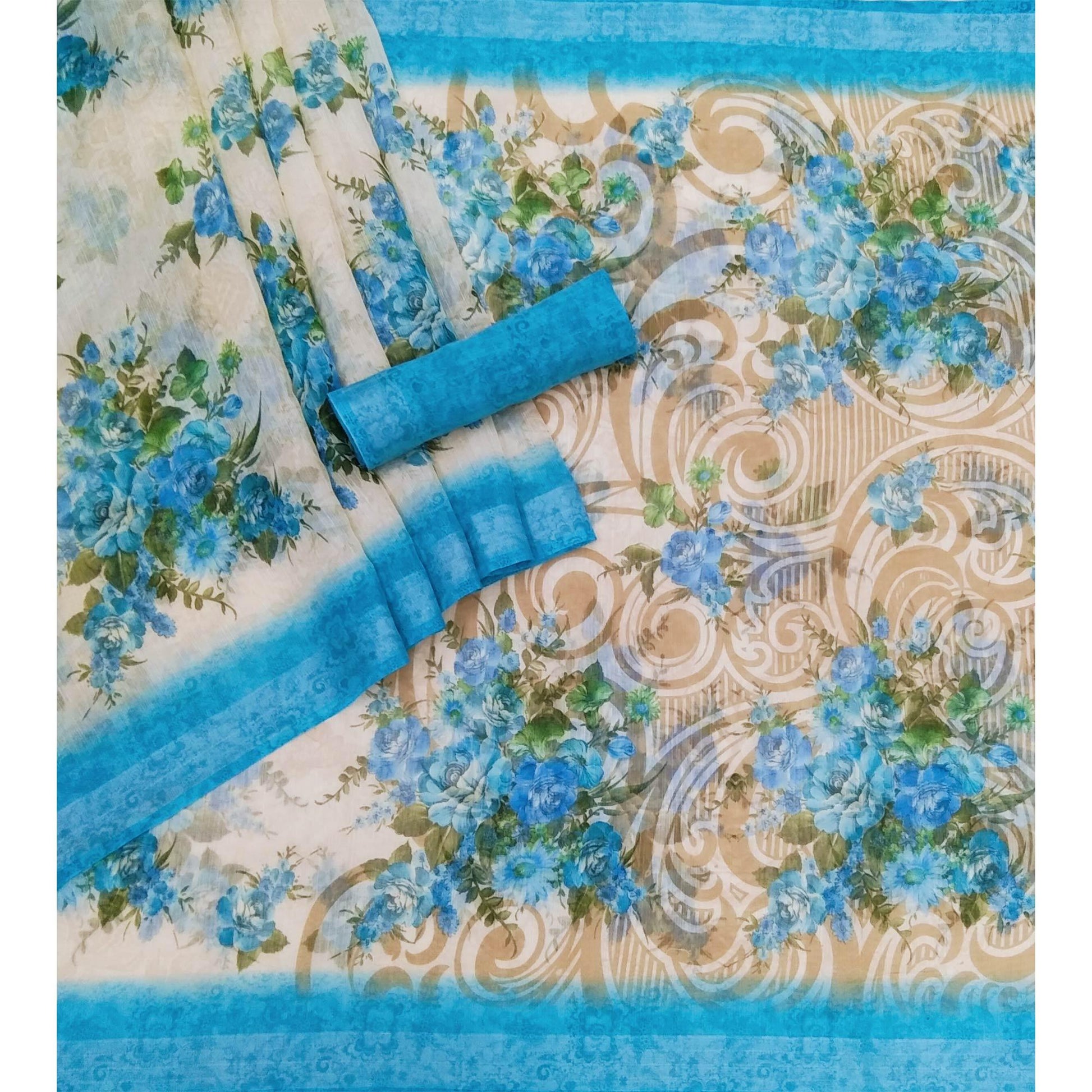 Cream-Blue Floral Printed Linen Saree