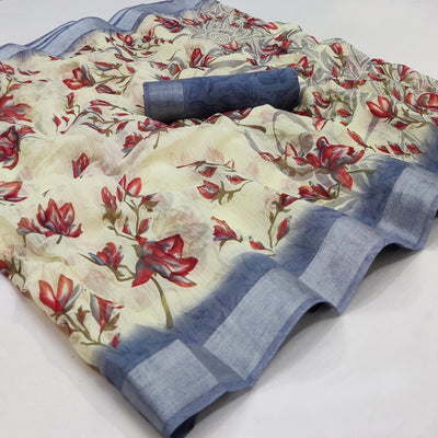 Cream-Blue Printed Linen Saree