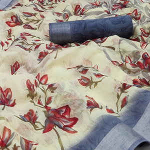 Cream-Blue Printed Linen Saree