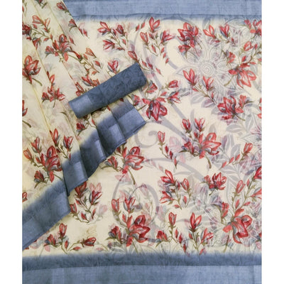 Cream-Blue Printed Linen Saree