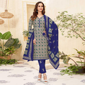 Cream-Blue Printed Pure Cotton Dress Material