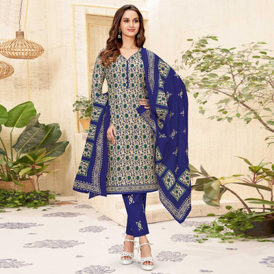 Cream-Blue Printed Pure Cotton Dress Material