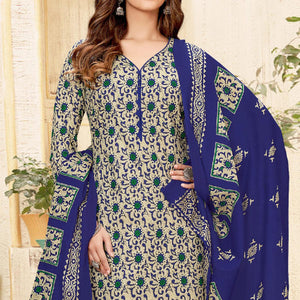 Cream-Blue Printed Pure Cotton Dress Material