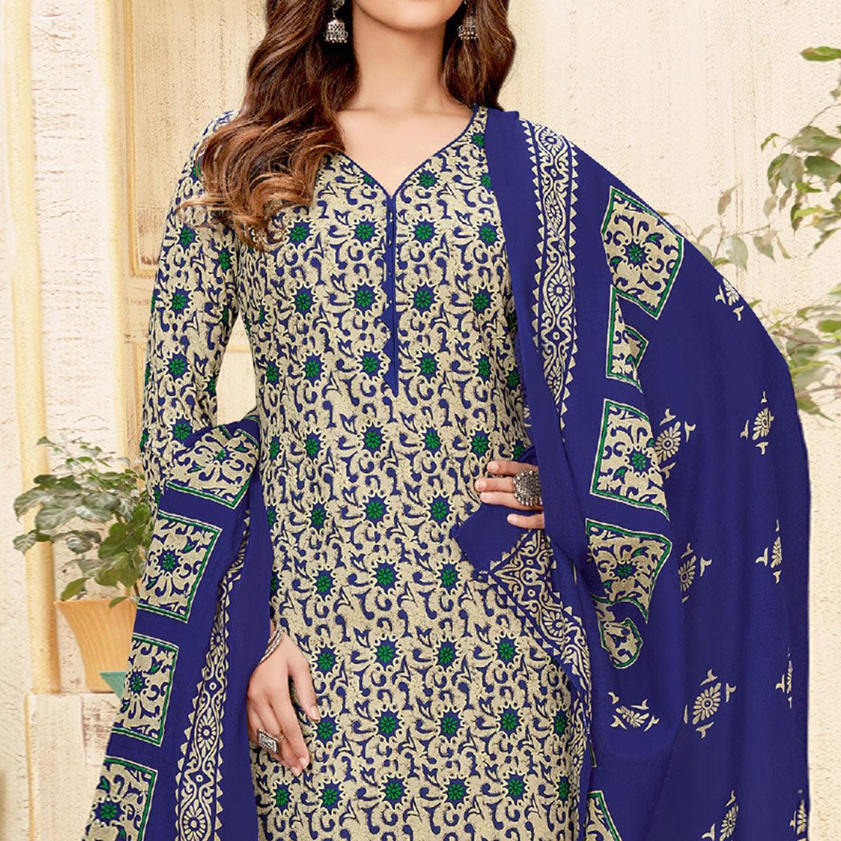 Cream-Blue Printed Pure Cotton Dress Material