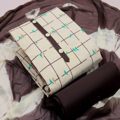 Cream - Brown Casual Wear Foil Printed Cotton Dress Material