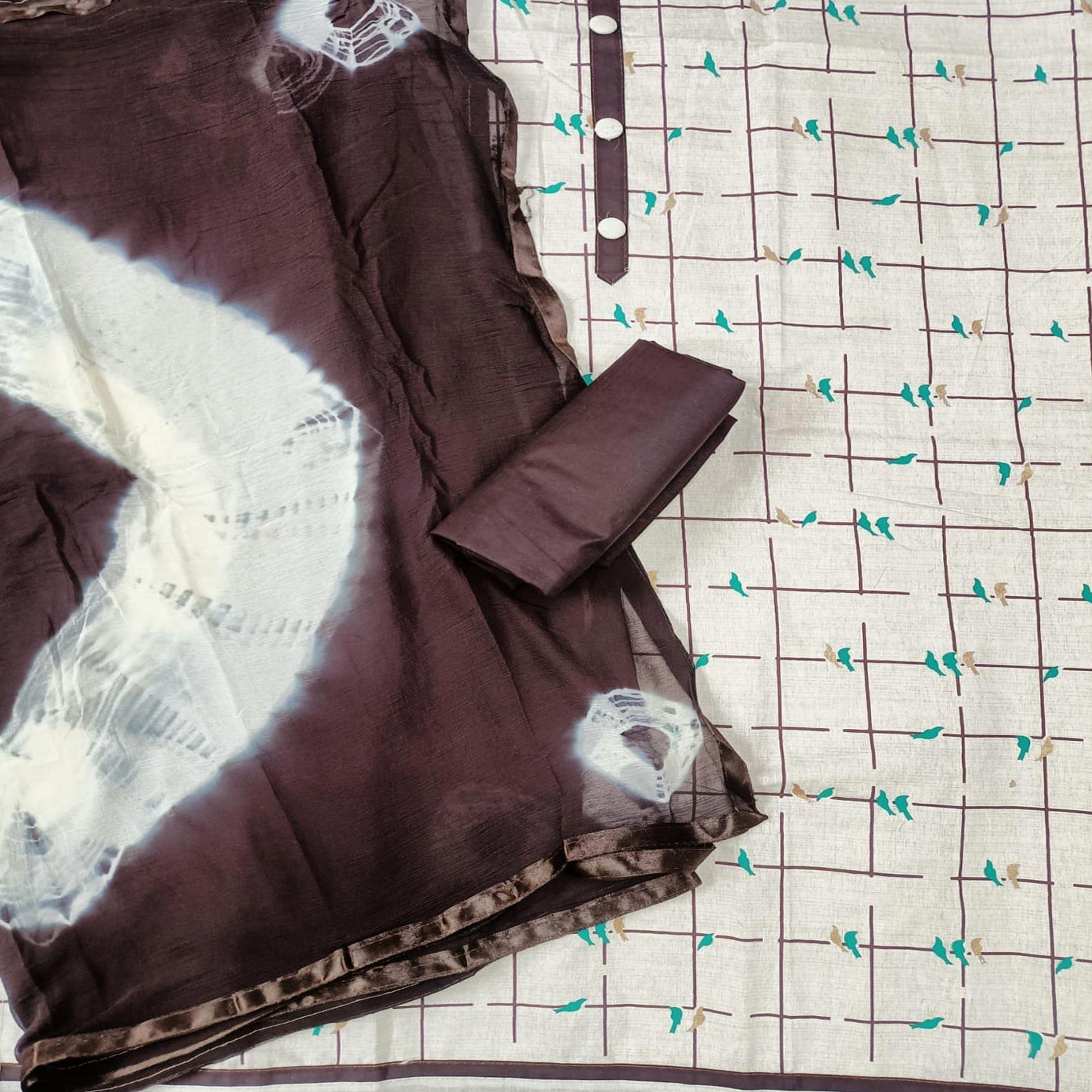 Cream - Brown Casual Wear Foil Printed Cotton Dress Material