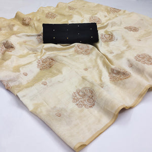 Cream-Brown Embroidered Assam Silk Saree